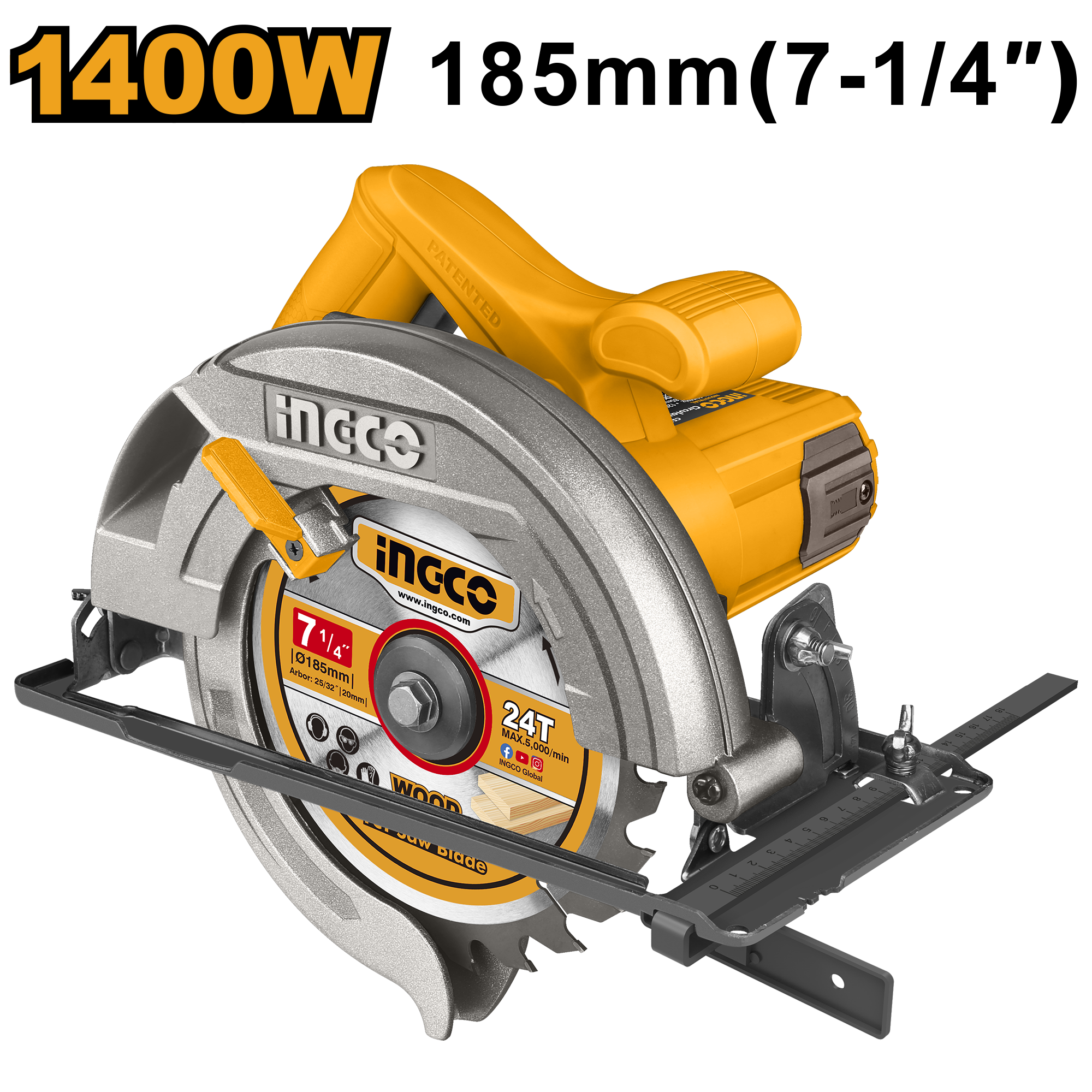 Voltage: 220 - 240V ~ 50/60Hz. Input power: 1 400W. No-load speed: 4 800 rpm. Blade diameter: 185 x 20 mm. Adjustable cutting depth. Adjustable bevel cutting. Cutting capacity: 45�: 45 mm; 90�: 65 mm. Includes: 1 x 185 mm blade and 1 set of extra carbon brushes. Packed by colour box..