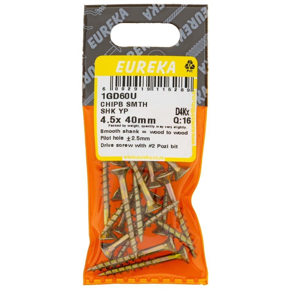 Chipboard Screws are ideal for chipboard and softer types of wood.The smooth shank part of the screw allows it to spin in the top piece of wood and at the same time pull the bottom piece tightly against the top piece, thus leaving no gap between the two.The smooth shank prevents the screw head from pulling into the top piece of wood while it is driven into the bottom piece.These screws feature Pozi drive heads.They are yellow passivated and have great weather resistance.