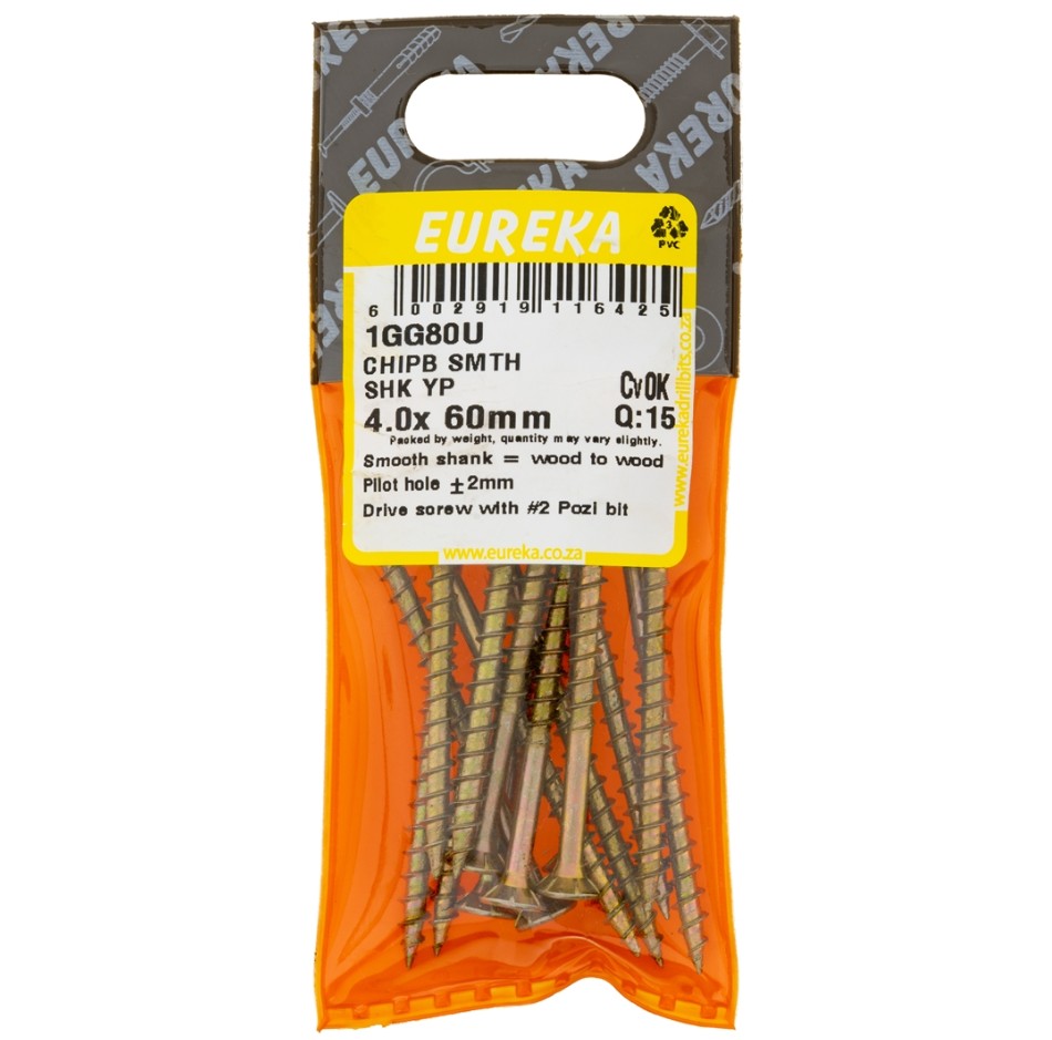 Chipboard Screws are ideal for chipboard and softer types of wood.The smooth shank part of the screw allows it to spin in the top piece of wood and at the same time pull the bottom piece tightly against the top piece, thus leaving no gap between the two.The smooth shank prevents the screw head from pulling into the top piece of wood while it is driven into the bottom piece.These screws feature Pozi drive heads.They are yellow passivated and have great weather resistance.