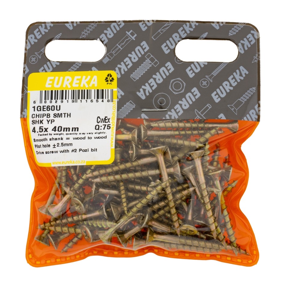 Chipboard Screws are ideal for chipboard and softer types of wood.The smooth shank part of the screw allows it to spin in the top piece of wood and at the same time pull the bottom piece tightly against the top piece, thus leaving no gap between the two.The smooth shank prevents the screw head from pulling into the top piece of wood while it is driven into the bottom piece.These screws feature Pozi drive heads.They are yellow passivated and have great weather resistance.