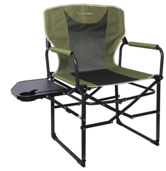 The Kaufmann X Director Chair with Side Table is a stable seating experience, which is also portable, foldable, and easy to carry. It features padded armrests, a breathable mesh back, and a convenient side table with a cup holder and phone holder.