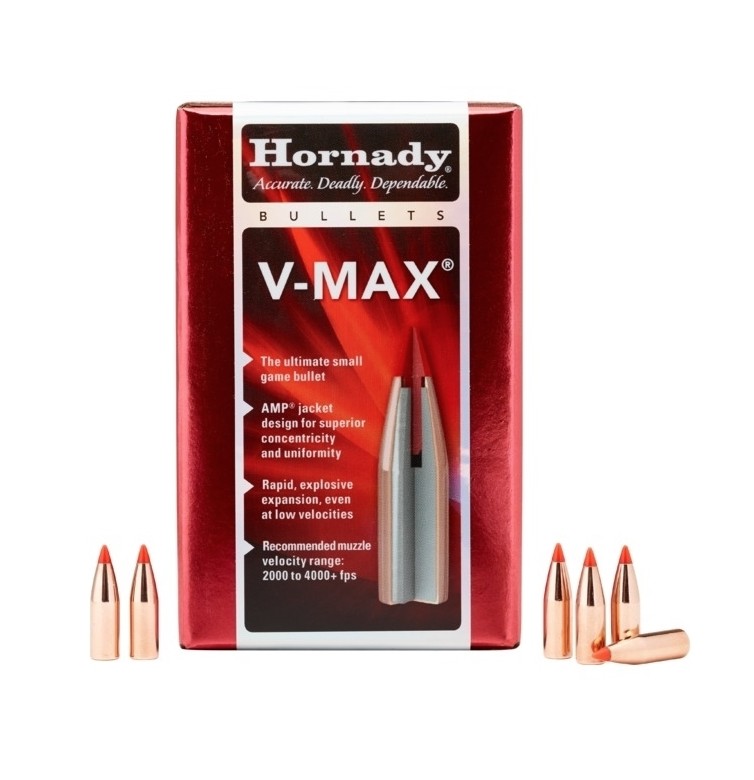 The Hornady V-MAX� bullet is engineered to deliver rapid and dramatic terminal performance through an innovative design that incorporates a hollow cavity between the polymer tip�s shaft and the bullet core. Upon impact, the rigid tip shaft accumulates energy and momentum before driving into the core, initiating rapid expansion and violent fragmentation, even at lower impact velocities. To enhance long-range performance, Hornady combines the sharp polymer tip with an aerodynamic profile that produces a high ballistic coefficient while maximizing bearing surface for improved stability in flight. The swaged lead core is precisely formed around the tip and cavity, ensuring consistent construction and reliable fragmentation upon impact. Additionally, carefully engineered boattail and flatbase configurations are used where appropriate to optimize in-flight stability and accuracy, making the V-MAX� an excellent choice for precision shooting and varmint hunting applications.