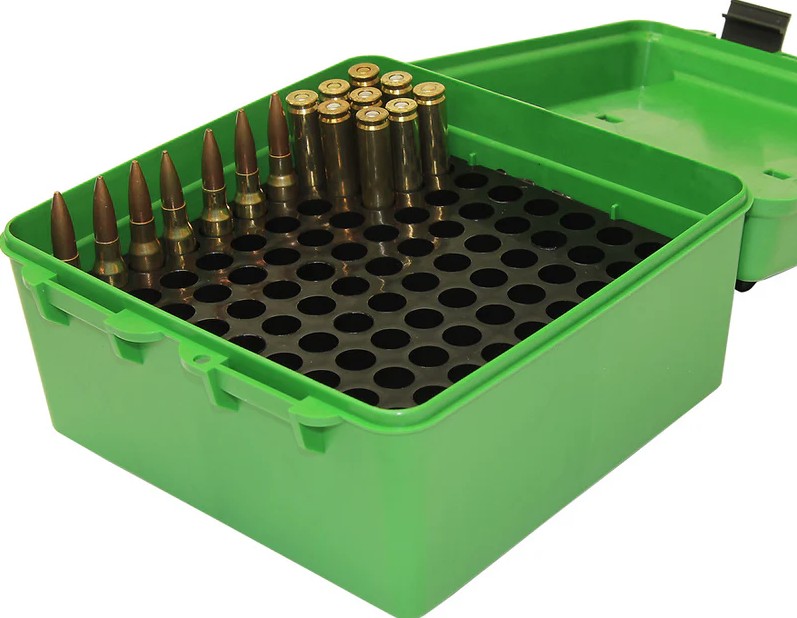 The CASE-GARD R-100 Deluxe ammo box is specially designed for shooters who need a reliable 100-round supply of highly accurate ammunition. It offers excellent protection for reloads, featuring a unique design where, when cartridges are stored bullet-down, four special support fingers prevent the bullet tips from contacting the bottom of the box, reducing the risk of tip damage that could affect flight performance. The box includes adjustable inner trays that can be rotated to provide two different height positions, allowing it to accommodate various cartridge lengths, with overall length capacity differing depending on whether bullets are stored up or down. Suitable for most calibers, it allows flexible storage orientation. Constructed from virtually indestructible polypropylene, the box is built for durability and comes with MTM�s 10-year guarantee. Its textured finish and integrated handle make it convenient for secure storage and easy transport, and it is available in two sizes to cover the majority of modern ammunition.