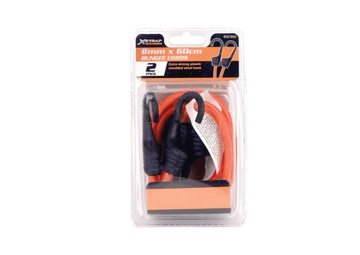 Two 60cm, 8mm round bungee cords featuring extra strong plastic hooks for heavy-duty, secure fastening.