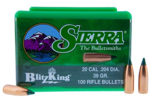 The Sierra BlitzKing .20 caliber (0.204") 39-grain PTBT (#1039) is a polymer-tipped varmint bullet designed for high velocity, accuracy, and rapid expansion. It features a thin, precision jacket and a boat-tail base that improves aerodynamics and long-range performance, along with a relatively high ballistic coefficient for reduced wind drift. Commonly used in cartridges like the .204 Ruger, it delivers flat trajectories and explosive impact, making it highly effective for small game and varmint hunting.