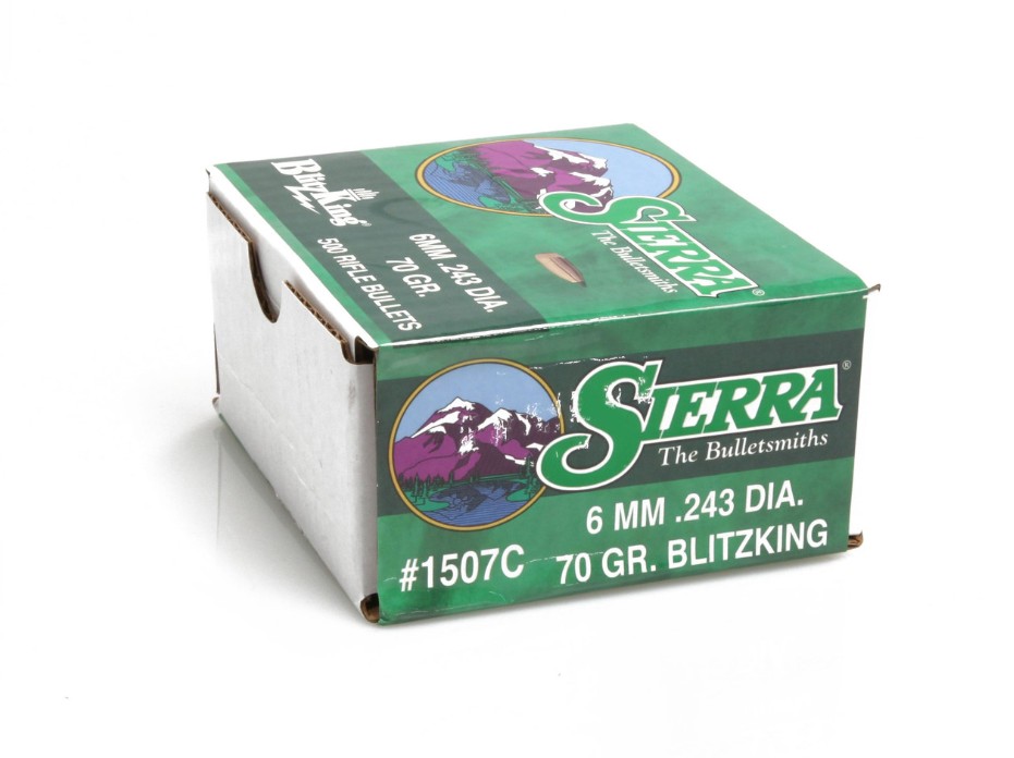 The Sierra BlitzKing 6mm (.243") 70-grain (#1507) is a polymer-tipped varmint bullet designed for high velocity, accuracy, and rapid expansion. It features a thin, precision jacket and a boat-tail base for improved aerodynamics, resulting in flat trajectories and reduced wind drift. Commonly used in cartridges like the .243 Winchester, it delivers consistent accuracy and explosive terminal performance, making it well-suited for varmint and small game hunting.