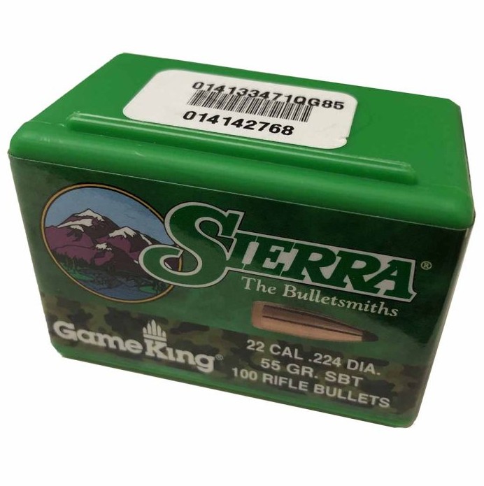 The Sierra GameKing SBT .22 Cal 55gr bullet is designed to provide reliable accuracy and effective performance for hunting applications. Featuring a Spitzer Boat Tail (SBT) design, it offers improved aerodynamics that help maintain velocity, reduce wind drift, and produce a flatter trajectory. The bullet is constructed with a precision?formed copper jacket and lead core to promote controlled expansion and dependable penetration on game. Popular among reloaders using .22?caliber rifles, the 55?grain GameKing delivers consistent accuracy and dependable field performance.