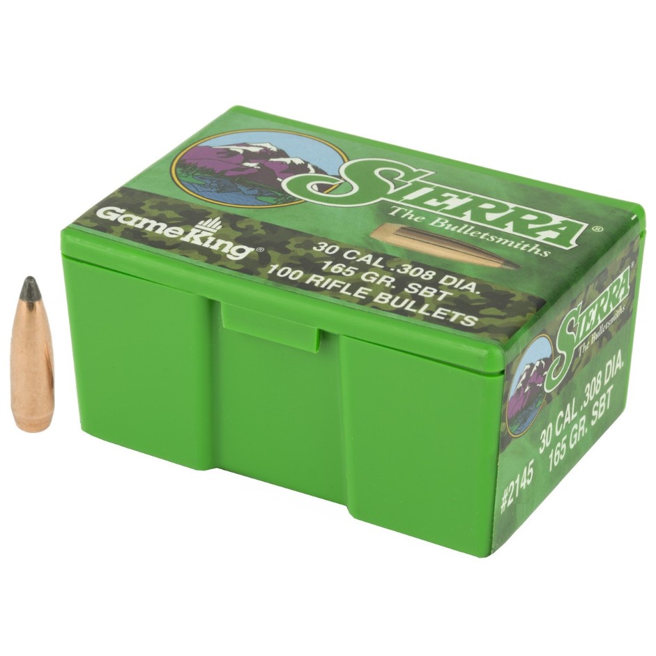 The Sierra GameKing SBT .30 Cal 150gr bullet is designed to provide reliable accuracy and effective hunting performance. It features a Spitzer Boat Tail (SBT) design that enhances aerodynamics, helping the bullet maintain velocity, reduce wind drift, and produce a flatter trajectory. Built with a precision?formed copper jacket and lead core, the bullet promotes controlled expansion and dependable penetration on game. Popular among reloaders using .30?caliber rifles, the 150?grain GameKing offers consistent accuracy and dependable results in the field.