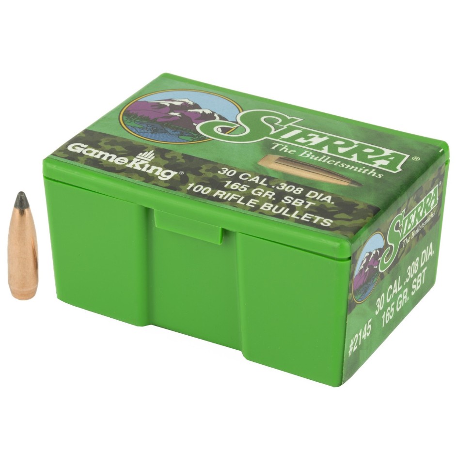 The Sierra GameKing SBT .30 Cal 165gr bullet is designed to deliver dependable accuracy and effective hunting performance. It features a Spitzer Boat Tail (SBT) design that improves aerodynamics, helping the bullet maintain velocity, reduce wind drift, and produce a flatter trajectory. Constructed with a precision?engineered copper jacket and lead core, it promotes controlled expansion and reliable penetration on game. Popular among reloaders using .30?caliber rifles, the 165?grain GameKing provides consistent accuracy and dependable field performance for a variety of hunting applications.