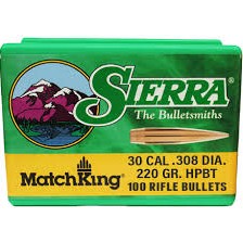 The Sierra MatchKing .30 caliber (.308 diameter) 220-grain Hollow Point Boat Tail (HPBT) bullet is a precision-engineered reloading component designed for accuracy and consistency. Commonly used by competitive shooters and long-range enthusiasts, this heavy-for-caliber MatchKing bullet features a hollow point design for improved aerodynamics and a boat tail base that enhances stability and reduces drag in flight. Manufactured by Sierra Bullets, it is widely regarded for its tight tolerances and reliable performance in precision rifle applications..
