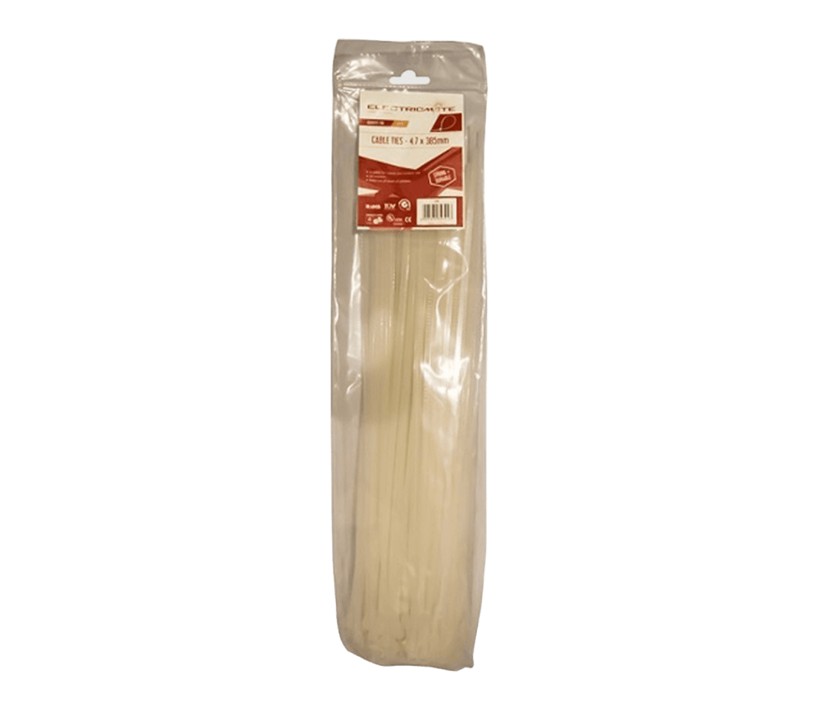 Electric Mate White Cable Ties 4.7Mm X 385Mm 100 Pack