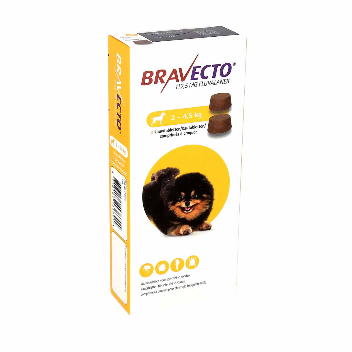 BRAVECTO Chew is a 112.5mg soft chew for Toy Dog sizes between 2-4.5kgs in weight, that provides 12 weeks of protection against ticks, fleas, and mites in dogs over 8 weeks of age. With its ability to kill adult and juvenile ticks and treat flea allergy dermatitis and demodicosis, BRAVECTO� is a powerful solution for your tiny dog's skin health. Protect your pet with confidence.