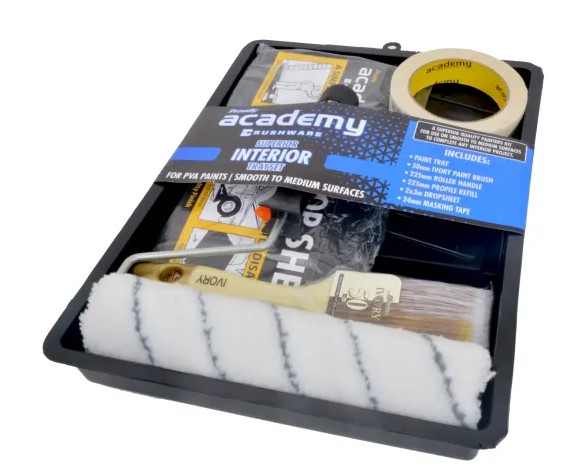 The Academy Interior Paint Roller Combo Set is a high-quality painters kit designed for use on smooth to medium interior surfaces, making it ideal for completing any interior painting project. This value-packed set is optimized for water-based paints and includes everything needed for a professional finish: a paint tray, a 50mm ivory paintbrush, a 225mm roller handle with a 225mm propile refill, two 3-meter drop sheets, and 24mm masking tape. It provides convenience and versatility, ensuring a clean and efficient painting experience.