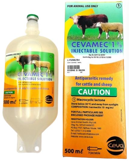 Antiparasitic remedy for cattle and sheep. 1 % injectable Ivermectin. Macrocyclic lactone. Cattle: Roundworm, Eye worm and Parafilaria (false bruising � 70 days needed before slaughter for lesions to disappear after treatment), sucking and mange lice, as well as sand tampans. Treats maggot infested wounds (effective for 2 weeks) and Blue ticks (21 days effective). Fast grazing rotation for 21 days in Spring and again in Autumn will lead to a decrease in next generation blue tick numbers. Sheep: Prevention and treatment of roundworm, nasal bot, sheep scab, Australian itch mite during moist conditions.