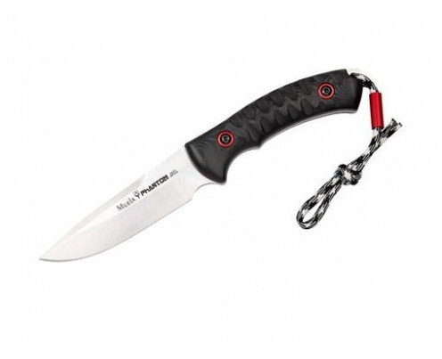 Primarily known for high-quality hunting knives, Muela ventures into tactical realms with the Phantom 12W. The mission knife with a massive X50CrMoV15 blade and decorative ricasso on the back of the blade is equipped with textured handle scales made of black Micarta for maximum grip. Decorative accents are added by the red spacers and rings around the handle bolts. Comes with lanyard and black leather sheath.