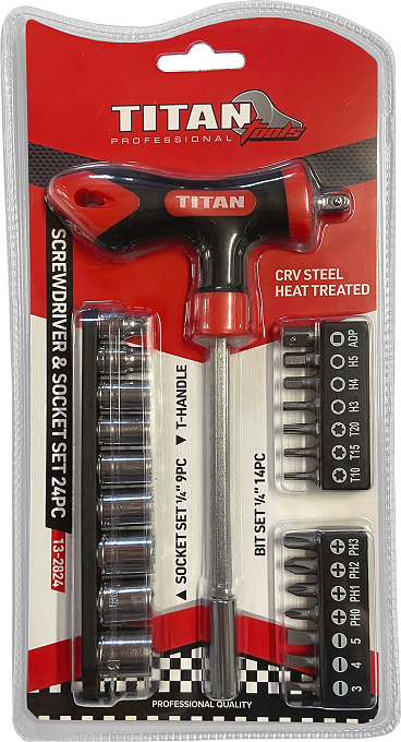 Set screwdriver & socket 24pc, crv, t-handle, with bits and sockets.