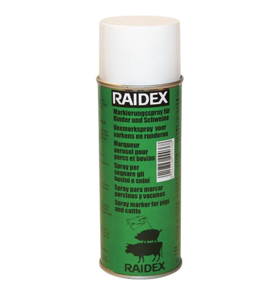 The Marking Aerosol Green Raidex Swavet is a pressurised spray can used for livestock identification, typically supplied in 400�500 ml sizes. It is designed for easy handling and quick application, allowing for efficient marking of animals in agricultural settings.