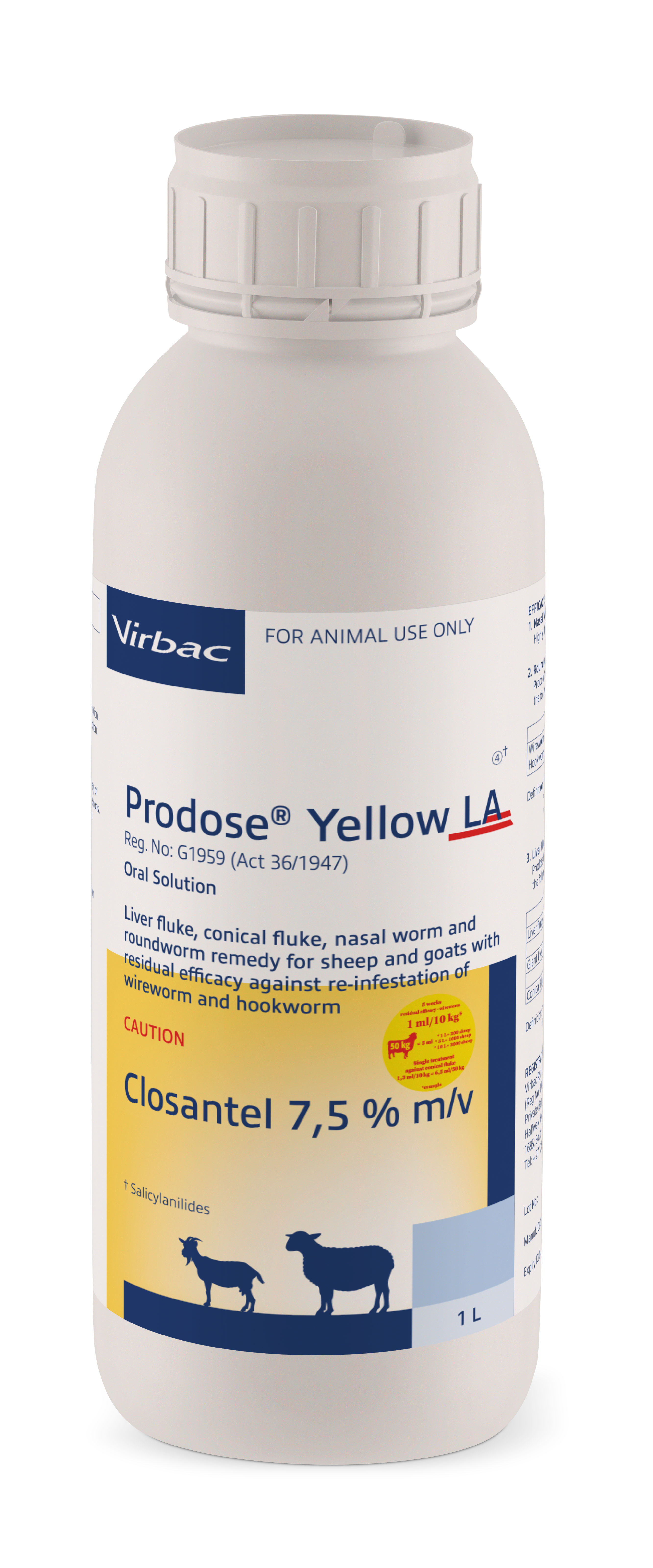 Liver fluke, conical fluke, nasal bot and roundworm remedy for sheep and goats with residual efficacy against reinfestations of wireworm and hookworm. COMPOSITION: Closantel 7,5% m/v. COMPOSITION: Closantel 7,5% m/v. Dosage: 1ml / 10kg body mass for roundworm and 13ml / 10kg body for conical fluke. 5 Weeks residual against wireworm and 2 weeks residual against hookworm. Nasal worm (Oestrus ovis): Highly effective against 1st, 2nd and 3rd instar larvae.
