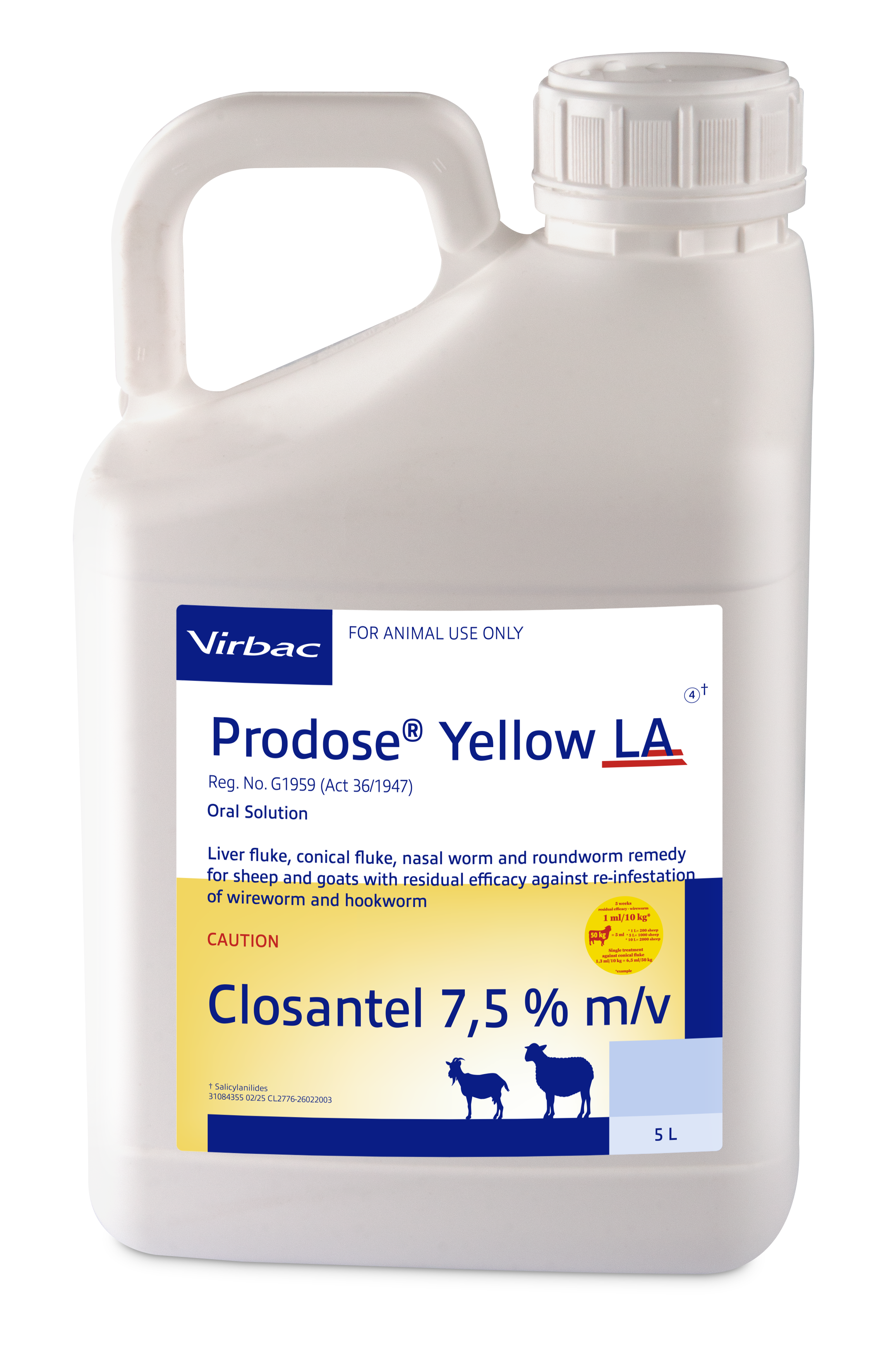 Liver fluke, conical fluke, nasal bot and roundworm remedy for sheep and goats with residual efficacy against reinfestations of wireworm and hookworm. COMPOSITION: Closantel 7,5% m/v. COMPOSITION: Closantel 7,5% m/v. Dosage: 1ml / 10kg body mass for roundworm and 13ml / 10kg body for conical fluke. 5 Weeks residual against wireworm and 2 weeks residual against hookworm. Nasal worm (Oestrus ovis): Highly effective against 1st, 2nd and 3rd instar larvae.