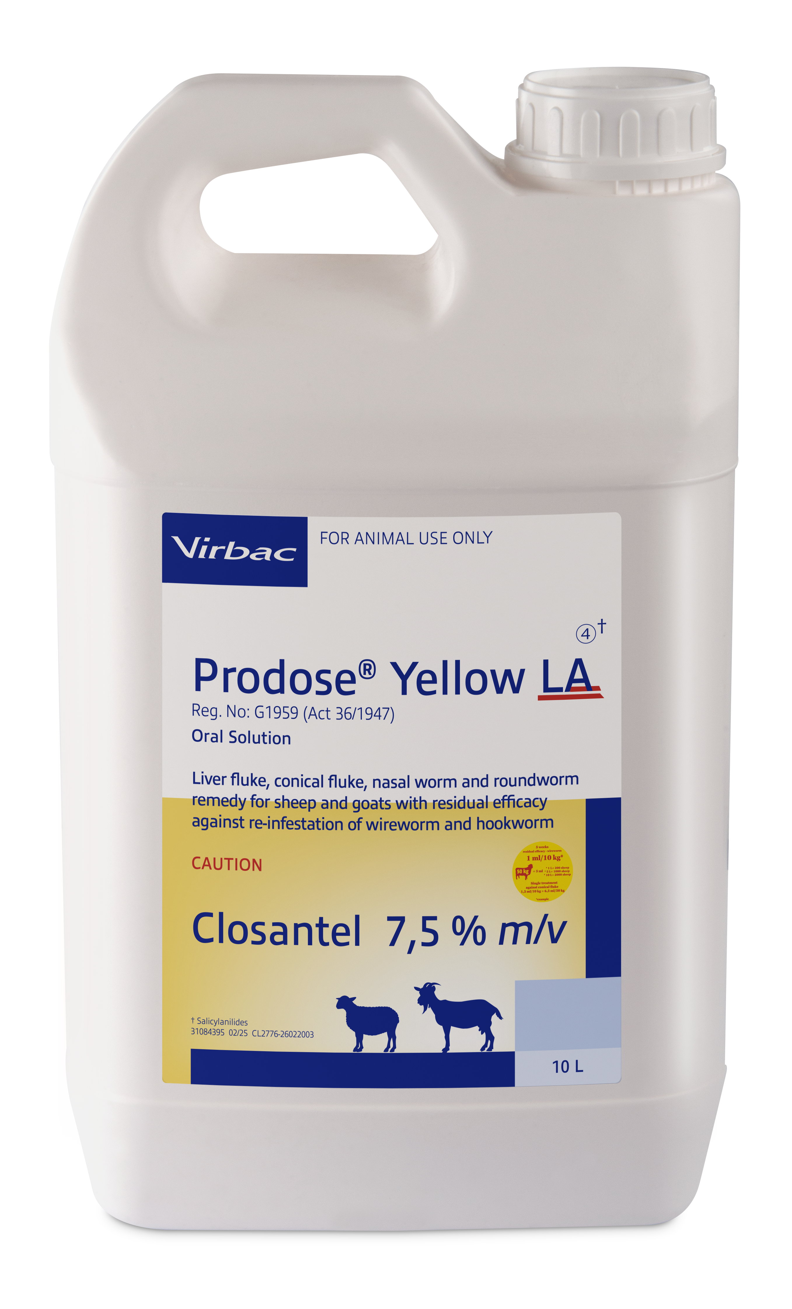Liver fluke, conical fluke, nasal bot and roundworm remedy for sheep and goats with residual efficacy against reinfestations of wireworm and hookworm. COMPOSITION: Closantel 7,5% m/v. COMPOSITION: Closantel 7,5% m/v. Dosage: 1ml / 10kg body mass for roundworm and 13ml / 10kg body for conical fluke. 5 Weeks residual against wireworm and 2 weeks residual against hookworm. Nasal worm (Oestrus ovis): Highly effective against 1st, 2nd and 3rd instar larvae.