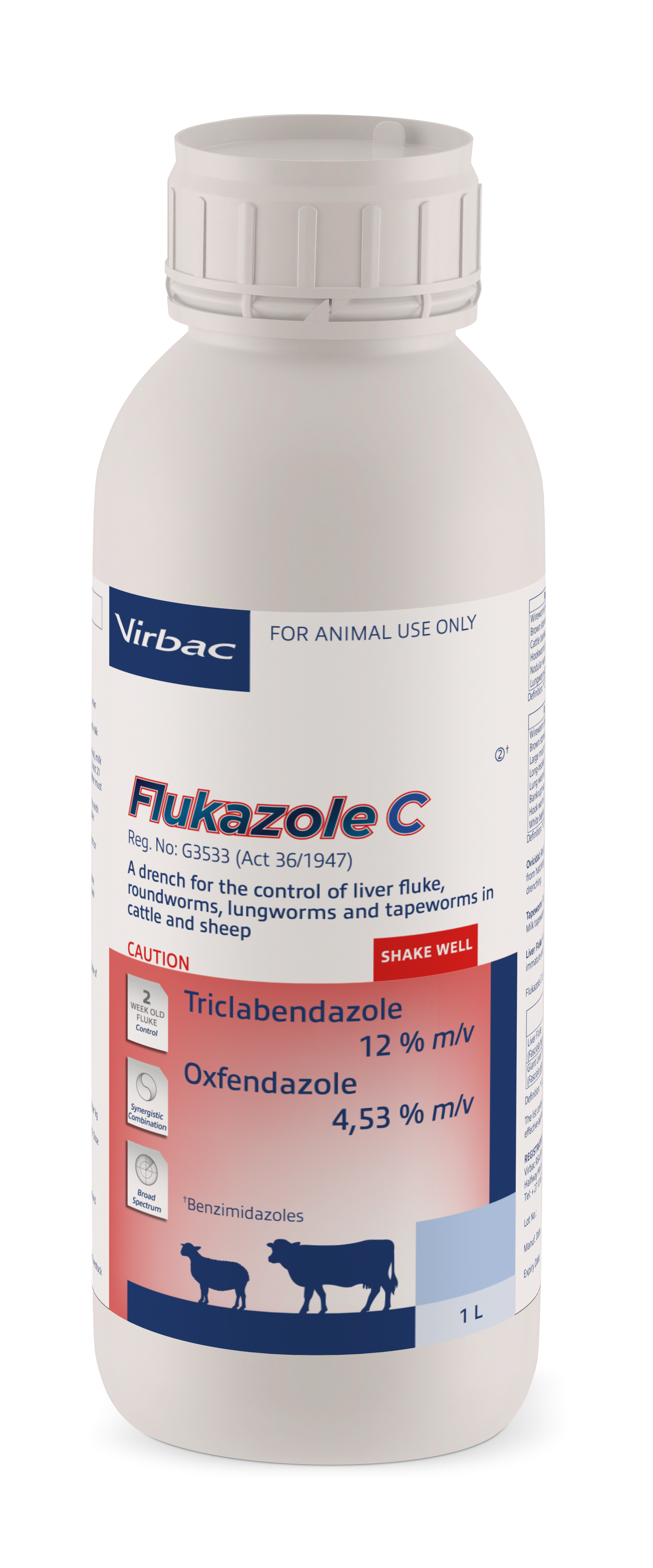 For the control of liver fluke, roundworms, lungworms and tapeworms in cattle and sheep. Flukazole C has a synergistic effect on early immature liver fluke, geared for optimal liver health. Flukazole C has a synergistic effect on early immature liver fluke, geared for optimal liver health. COMPOSITION : Triclabendazole 12% m/v, Oxfendazole 4,53% m/v. Ovicidal. Dosage: 1ml / 10kg body mass orally.