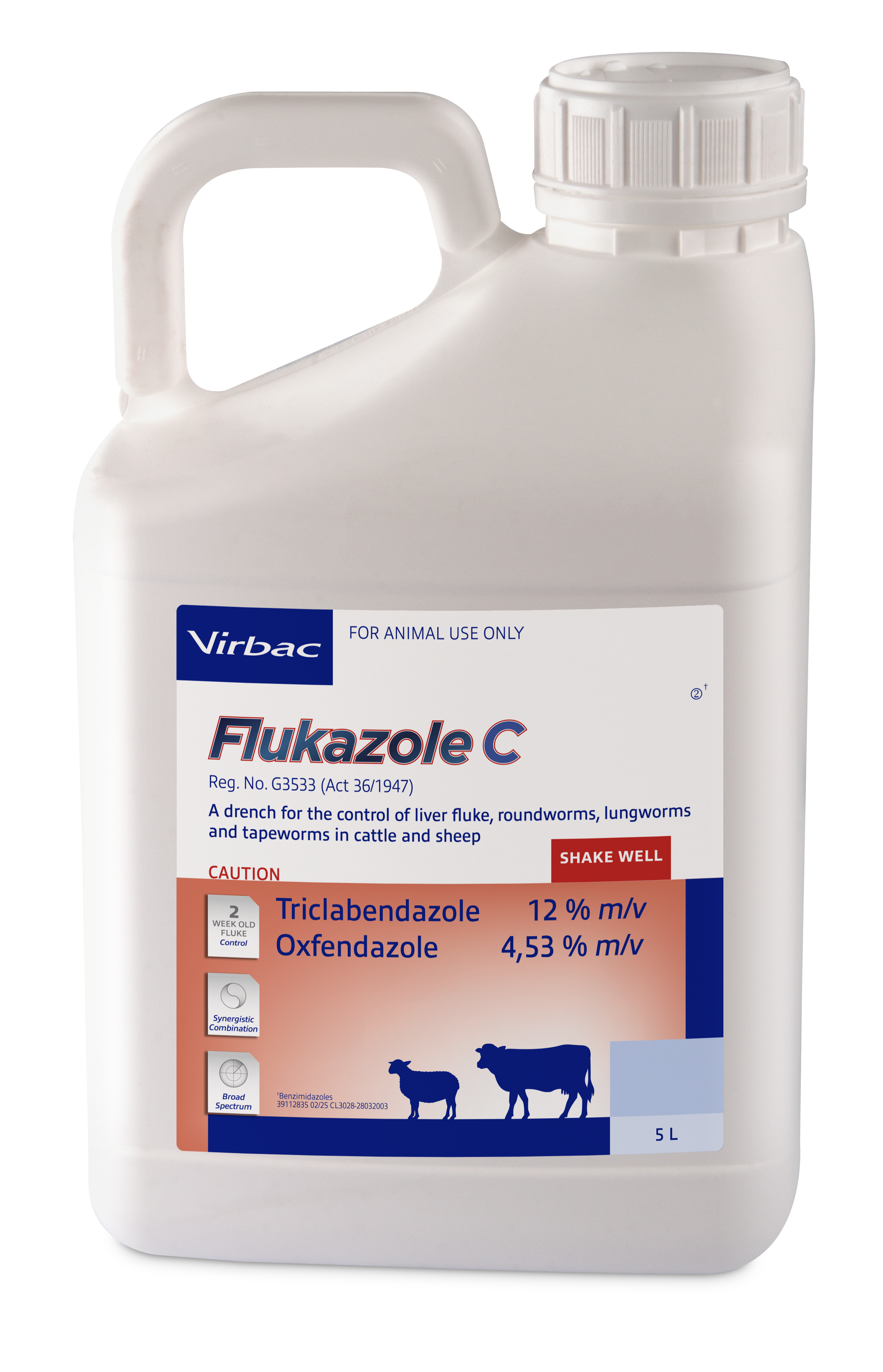 For the control of liver fluke, roundworms, lungworms and tapeworms in cattle and sheep. Flukazole C has a synergistic effect on early immature liver fluke, geared for optimal liver health. Flukazole C has a synergistic effect on early immature liver fluke, geared for optimal liver health. COMPOSITION : Triclabendazole 12% m/v, Oxfendazole 4,53% m/v. Ovicidal. Dosage: 1ml / 10kg body mass orally.