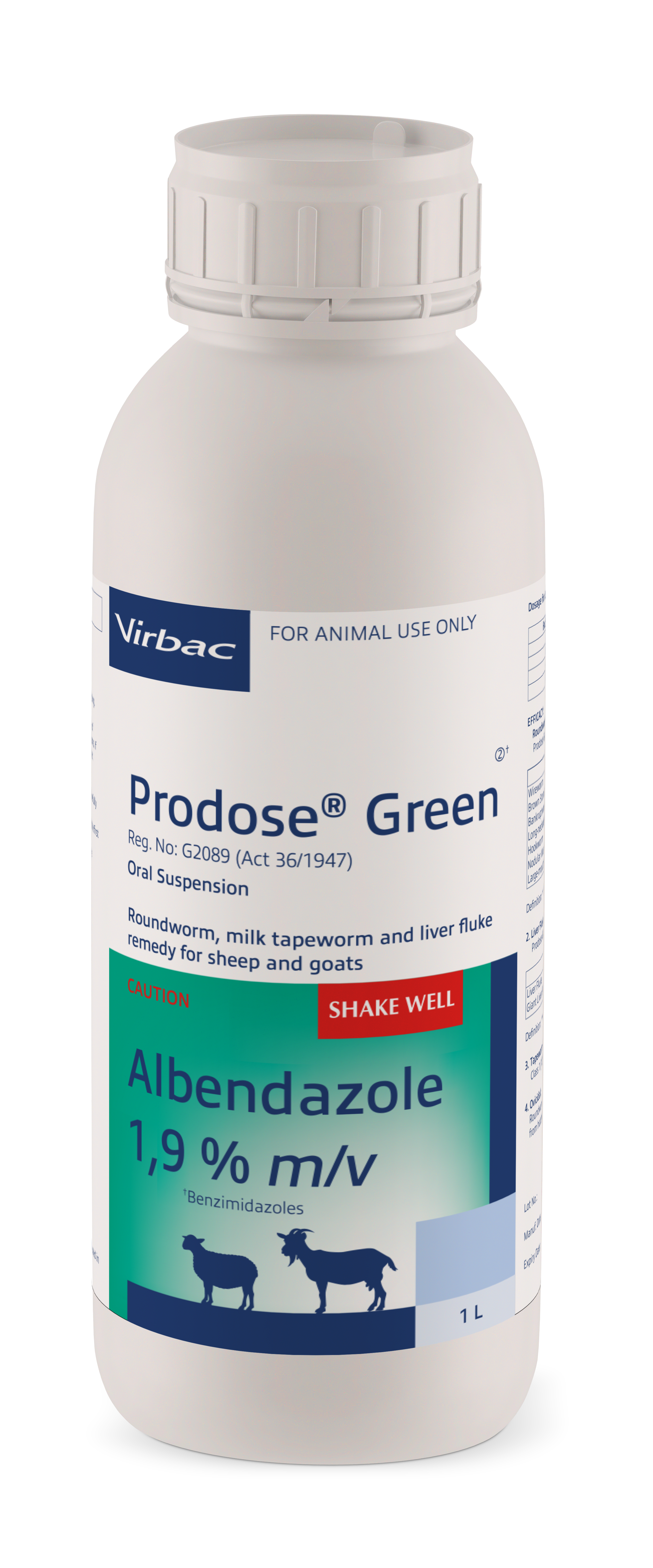 Roundworm, milk tapeworm and liver fluke. COMPOSITION: Albendazole 1,94% m/v. COMPOSITION: Albendazole 1,94% m/v. Dosage: Roundworm and milk tapeworm : 2ml per 10kg body mass, Liver fluke: 2,5ml per 10kg body mass. Roundworm and tapeworms: Milk tapeworm (Moniezia spp): Class 1. Ovicidal: Roundworm eggs present in the animal at the time of dosing are prevented from hatching