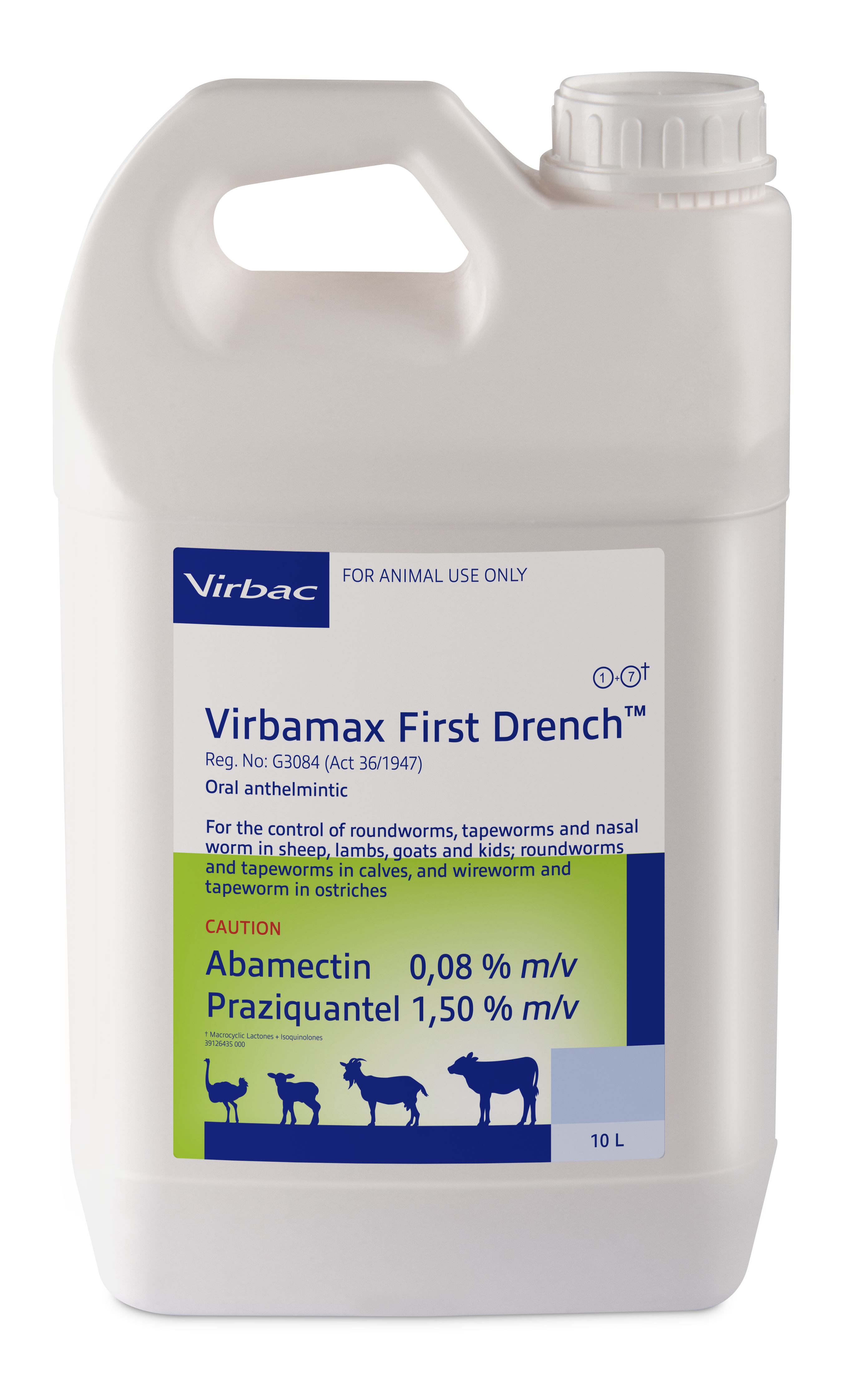 Oral anthelmintic for the control of roundworms, tapeworms and nasal bot in sheep, lambs, goats and kids. Wireworm and tapeworm in ostriches. Roundworms and tapeworms in calves. COMPOSITION: Abamectin 0,08% m/v, praziquantel 1,50% m/v. COMPOSITION: Abamectin 0,08% m/v, praziquantel 1,50% m/v. Roundworm, nasal worm and tapeworm remedy for sheep, goats, cattle and ostriches Controls Australian itch mite 25ml per 10kg body mass. Effective against all 4 types of tapeworms, Milk, serrated, narrow and liver tapeworm. Ovicidal: Roundworm eggs present in the animal at the time of dosing are prevented from hatching.
