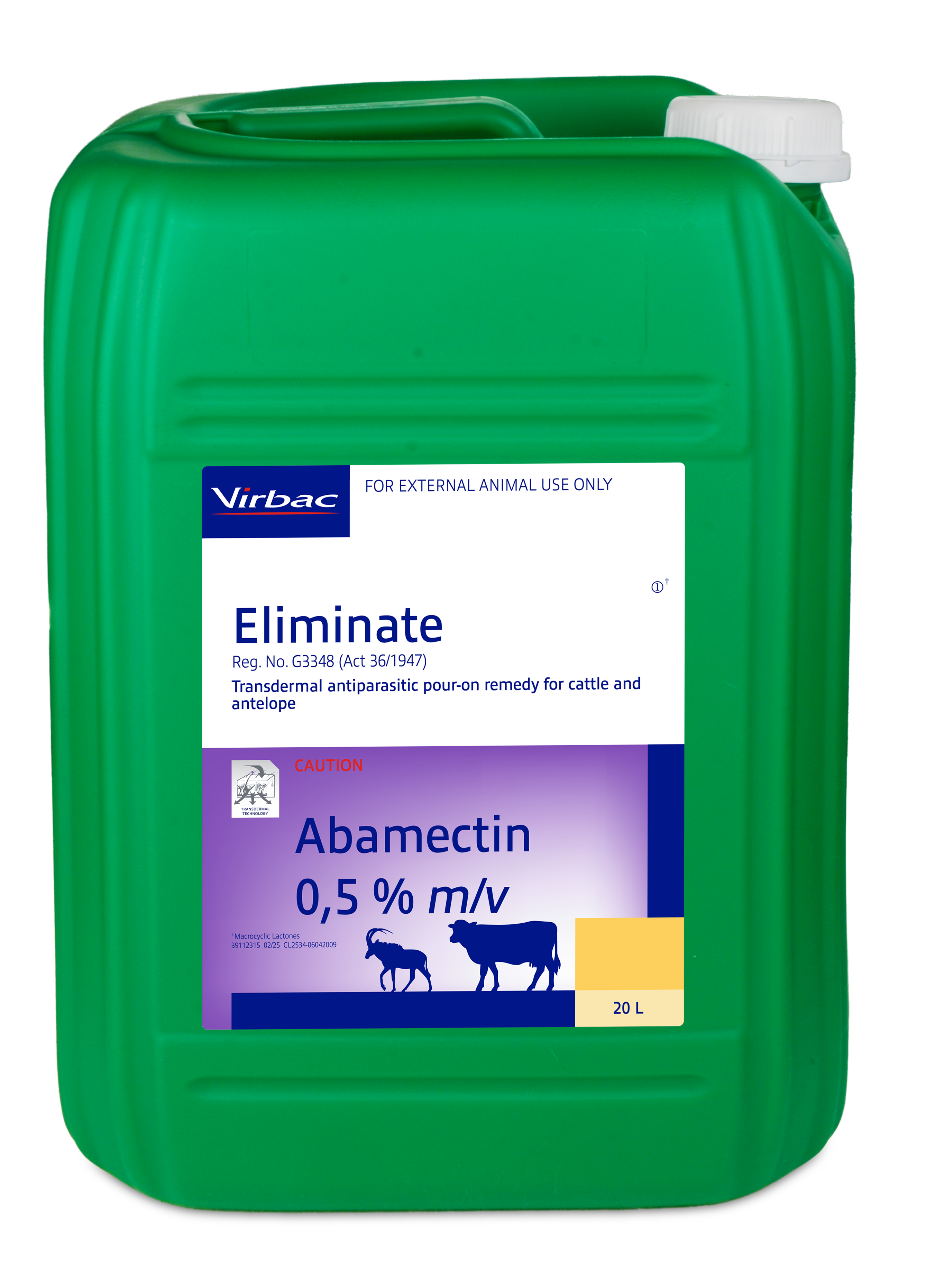 Transdermal pour-on that controls Internal and External parasites in Cattle and Antelope. COMPOSITION : Abamectin 0,5% m/v. COMPOSITION : Abamectin 0,5% m/v. The dosage is 1ml per 10kg body mass. Transdermal technology.
