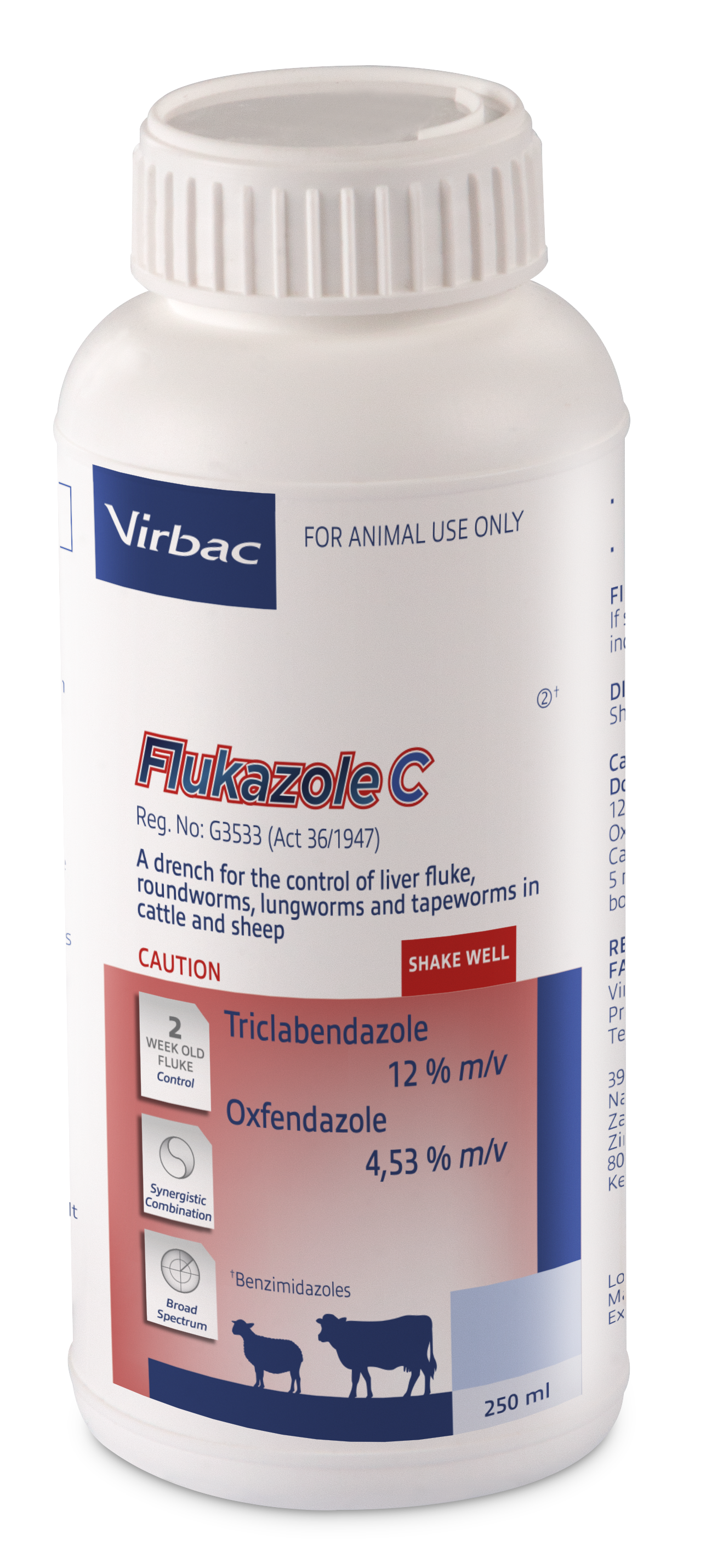 For the control of liver fluke, roundworms, lungworms and tapeworms in cattle and sheep. Flukazole C has a synergistic effect on early immature liver fluke, geared for optimal liver health. Flukazole C has a synergistic effect on early immature liver fluke, geared for optimal liver health. COMPOSITION : Triclabendazole 12% m/v, Oxfendazole 4,53% m/v. Ovicidal. Dosage: 1ml / 10kg body mass orally.