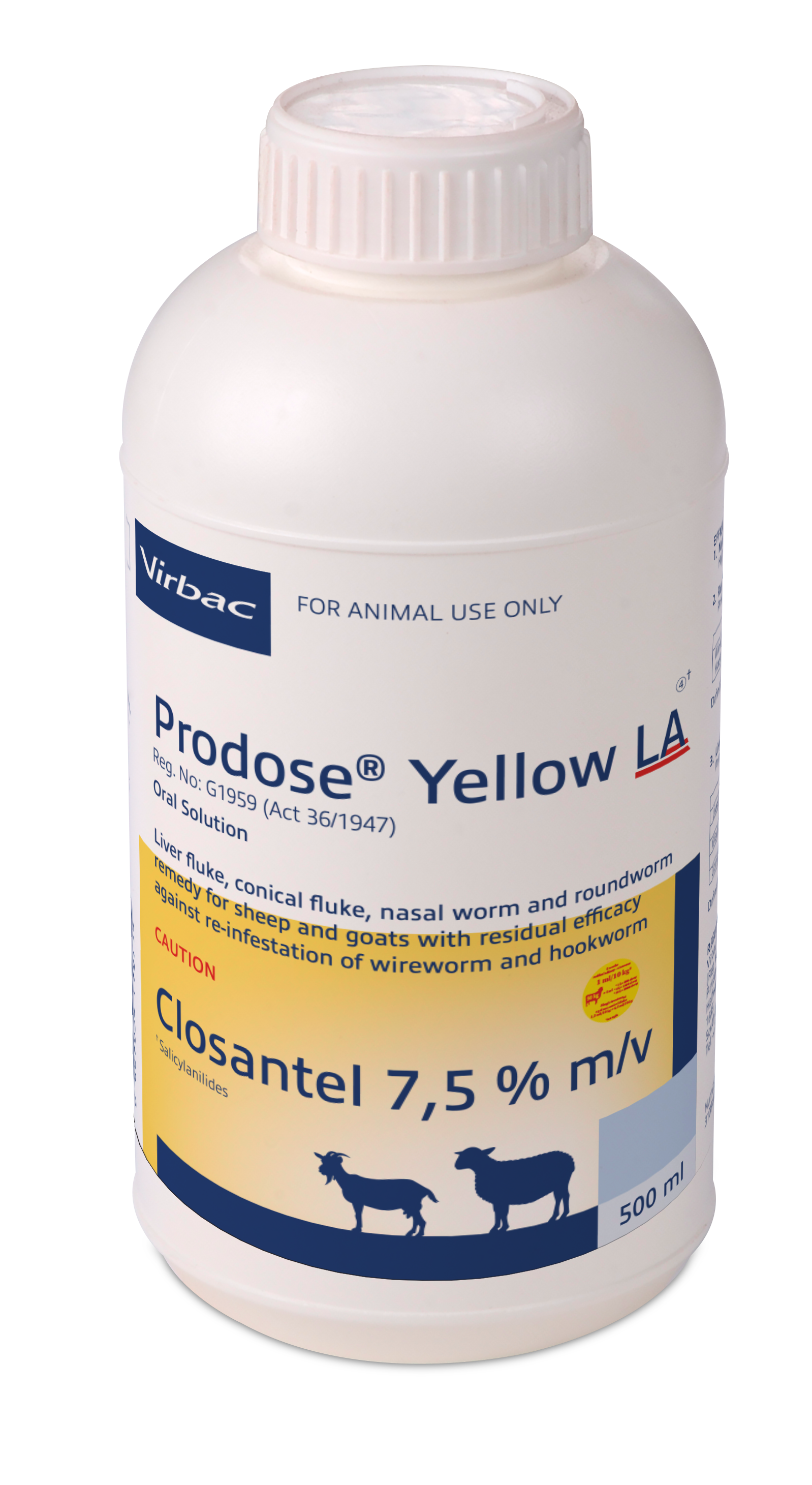 Liver fluke, conical fluke, nasal bot and roundworm remedy for sheep and goats with residual efficacy against reinfestations of wireworm and hookworm. COMPOSITION: Closantel 7,5% m/v. COMPOSITION: Closantel 7,5% m/v. Dosage: 1ml / 10kg body mass for roundworm and 13ml / 10kg body for conical fluke. 5 Weeks residual against wireworm and 2 weeks residual against hookworm. Nasal worm (Oestrus ovis): Highly effective against 1st, 2nd and 3rd instar larvae.