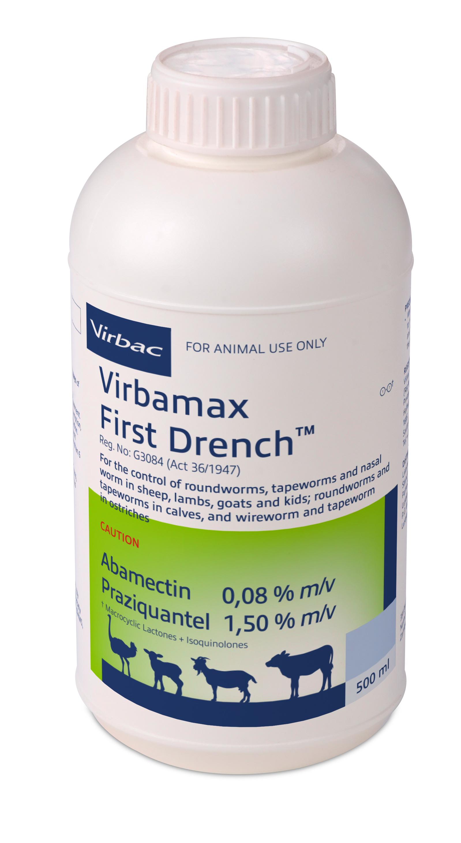 Oral anthelmintic for the control of round- worms, tapeworms and nasal bot in sheep, lambs, goats and kids. Wireworm and tapeworm in ostriches. Roundworms and tapeworms in calves. COMPOSITION: Abamectin 0,08% m/v, praziquantel 1,50% m/v. COMPOSITION: Abamectin 0,08% m/v, praziquantel 1,50% m/v. Roundworm, nasal worm and tapeworm remedy for sheep, goats, cattle and ostriches Controls Australian itch mite 25ml per 10kg body mass. Effective against all 4 types of tapeworms, milk, serrated, narrow and liver tapeworm. Ovicidal: Roundworm eggs present in the animal at the time of dosing are prevented from hatching.