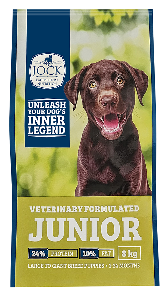Suitable for all puppies, late pregnant and lactating bitches. The growth and development of a puppy is hard work, and special nutrition is required. Young dogs require a wholesome diet that is balanced and easy to digest and are especially sensitive to the effects of dietary deficiencies, toxins, and poor quality ingredients. JOCK JUNIOR is scientifically formulated with your puppy's health in mind, using only the highest quality ingredients, and containing everything your new pup needs to stay fit and healthy. Because they lack the ability to digest large amounts of food at one time, it is important to divide a puppy's diet into more than two meals. Feed your pup at least three meals per day up to 4 months of age. Dividing the meal into two meals is recommended after 4 months and has the added benefit of reducing the risk of bloating, especially in deep-chested dogs. ANTIOXIDANTS: - Boosts immune system. Added Vitamin C, E and organic selenium are natural antioxidants which help protect your puppy's immune system against harmful free radicals. AMINO ACIDS: - Aids muscle development.