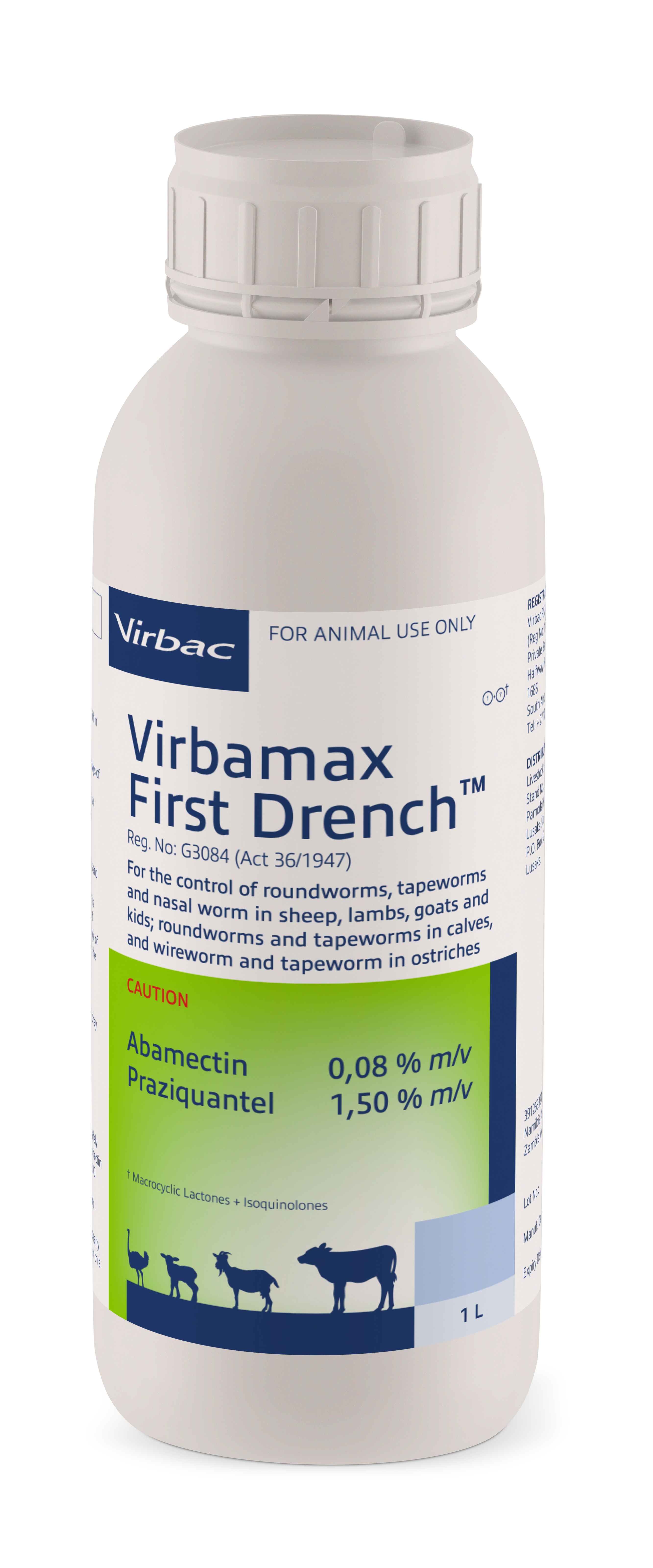 Oral anthelmintic for the control of roundworms, tapeworms and nasal bot in sheep, lambs, goats and kids. Wireworm and tapeworm in ostriches. Roundworms and tapeworms in calves. COMPOSITION: Abamectin 0,08% m/v, praziquantel 1,50% m/v. COMPOSITION: Abamectin 0,08% m/v, praziquantel 1,50% m/v. Roundworm, nasal worm and tapeworm remedy for sheep, goats, cattle and ostriches controls Australian itch mite 25ml per 10kg body mass. Effective against all 4 types of tapeworms, milk, serrated, narrow and liver tapeworm. Ovicidal: Roundworm eggs present in the animal at the time of dosing are prevented from hatching.
