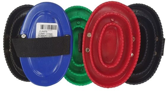 Strong rubber curry comb for cleaning the coat, removing sweat, dirt and excess hair. Used in a circular motion. Adult size. Assorted colours.