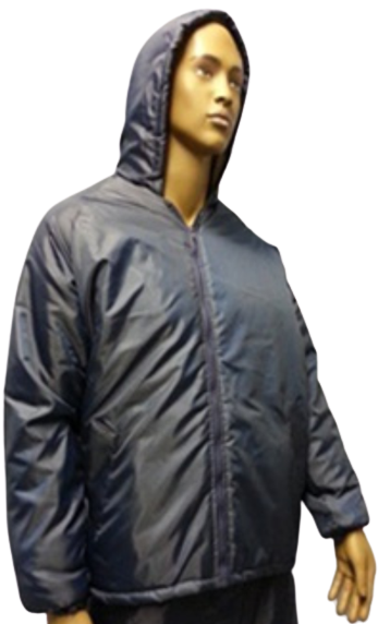 Water resistant freezer jacket Concealed hood Concealed chunky nylon zip with press stud close 2 Front pockets Flap & press stud to close Fur-pile lining Ribbed cuffs.