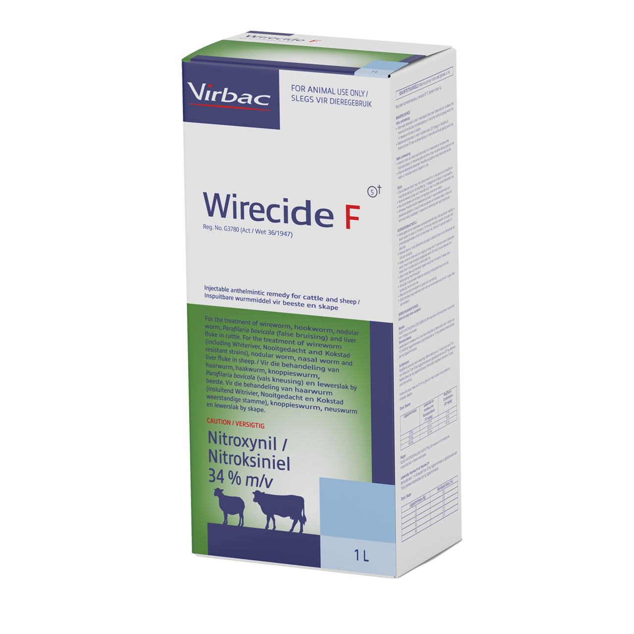 Injectable anthelmintic remedy for cattle and sheep. For the treatment of wireworm, hookworm, nodular worm, Parafilaria bovicola (false bruising) and liver fluke in cattle. For the treatment of wireworm (including Whiteriver, Nooitgedacht and Kokstad resistant strains), nodular worm, nasal bot and liver fluke in sheep. COMPOSITION: Nitroxynil 34% m/v. COMPOSITION: Nitroxynil 34% m/v. Sheep: Treat at the rate of 1ml per 25kg body mass. Sheep: Treatment of wireworm (including Whiteriver, Nooitgedacht and Kokstad resistant strains). Cattle: Effective against Parafilaria bovicola (false bruising) at double dose.