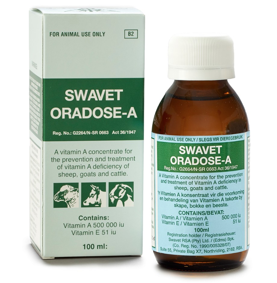 SWAVET Oradose-A is a vitamin A concentrate used for the prevention and treatment of vitamin A deficiency in sheep, goats, and cattle. It is administered as directed and may be diluted in water or mixed into feed, with specific dosage rates based on animal type and live body weight. For sheep and goats, 100 mL is added to 5 L of water and well shaken, providing a dosage of 2 mL per 10 kg of live mass. For cattle, 200 mL (2 � 100 mL) is added to 5 L of water and shaken well, with a dosage rate of 10 mL per 100 kg of live mass. Alternatively, the concentrate can be incorporated into individual feed rations at a rate of 2 mL per 500 kg of live mass to ensure adequate vitamin A supplementation.