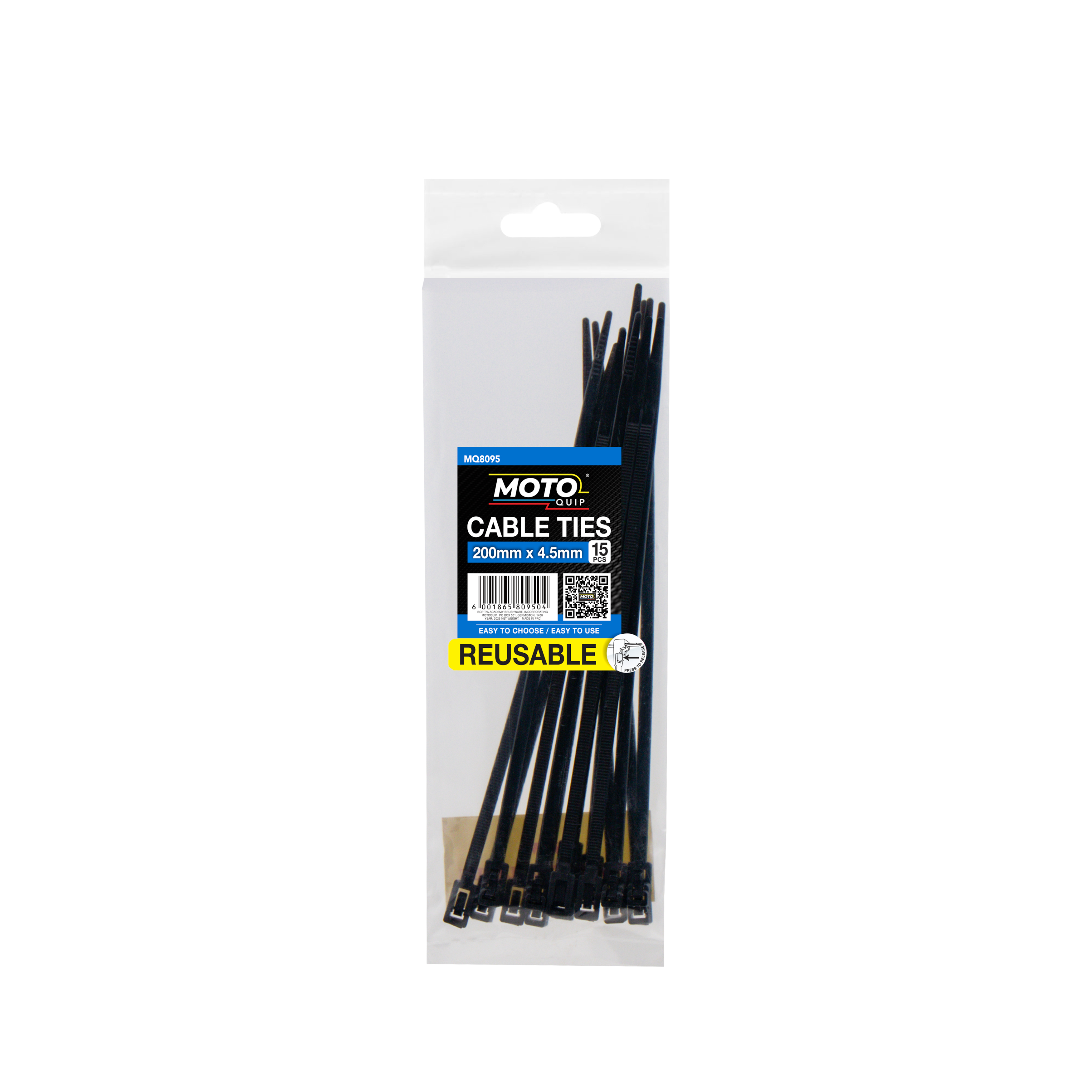 A set of 15 reusable cable ties, sized 4.5mm x 200mm, offering durable and flexible fastening solutions.