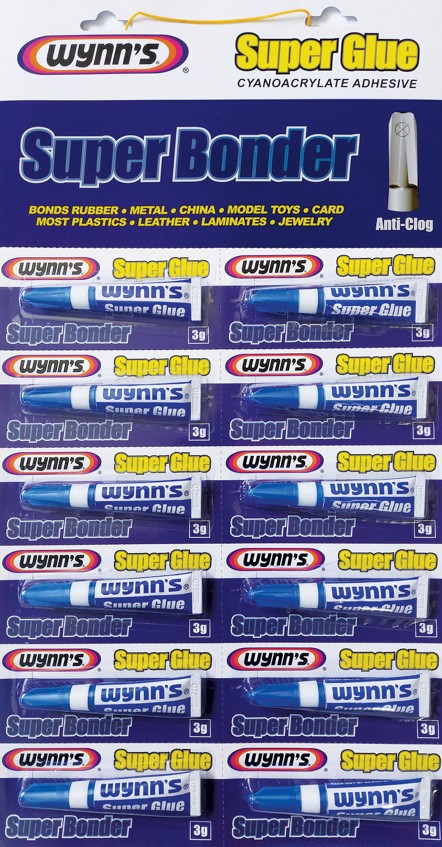 Wynn's Super Glue is a quick drying, high strength cyanoacrylate adhesive available on a display card containing 12 x 3g tubes. The extended non-clogging nozzle allows for accurate and precision gluing.
