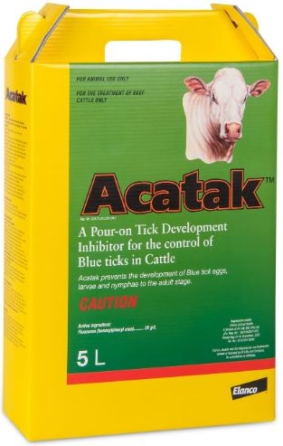 A pour-on tick development inhibitor for the control of blue ticks in cattle. Acatak� prevents the development of blue tick eggs, larvae and nymphae to the adult stage.