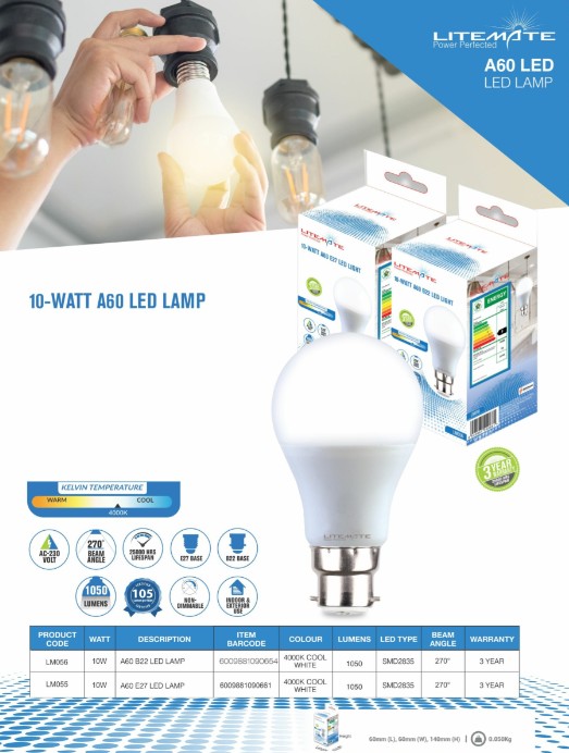 Led Litemate 10-Watt A60 B22 Cool Wht 4000K