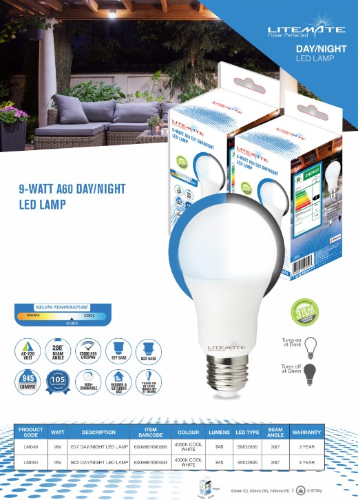 Led Lightmate With Sensor 9 Watt A60 B22 Day/Night