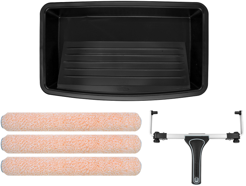 THE MOLOSSUS. 5PC 460mm Paint Roller Set. 1PC 305-460mm Adjustable roller with aluminum frame. 3PCS Lint free 460mm Super-Micro microfiber roller cover � 9.5mm nap (Includes reusable end caps to fit onto roller frame). 1PC 460mm slim plastic paint tray. Very durable, washable and reusable For smooth to semi smooth surfaces. For use with all paints. Secure-Click tapered fit.