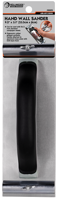 Hand Wall Sander. Size:23.5cm x 8cm). Can be used with 9x11 inch standard sandpaper sheets. Ergonomic rubber gripped synthetic handle attached to aluminum base plate with EVA foam front. Add/remove sandpaper with easy wing nut adjustable metal clamps; can add several pieces at one time and remove each when needed.