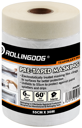 PRE-Taped Masking Film. Size:55cm*30m. 6 days Clean Removal. 60 �C Heat Resistant. Electrostatically treated masking film clings to surfaces for better protection. Unfolds to 55cm to protect against paint splatters and drips.