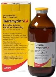 Terramycin� LA Injectable solution is a patented formulation containing 200mg oxytetracycline per ml. The formulation, because of its unique carrier, provides sustained oxytetracycline in blood levels for 3 � 5 days in cattle, sheep, goats and pigs after a single 1ml / 10kg injection.