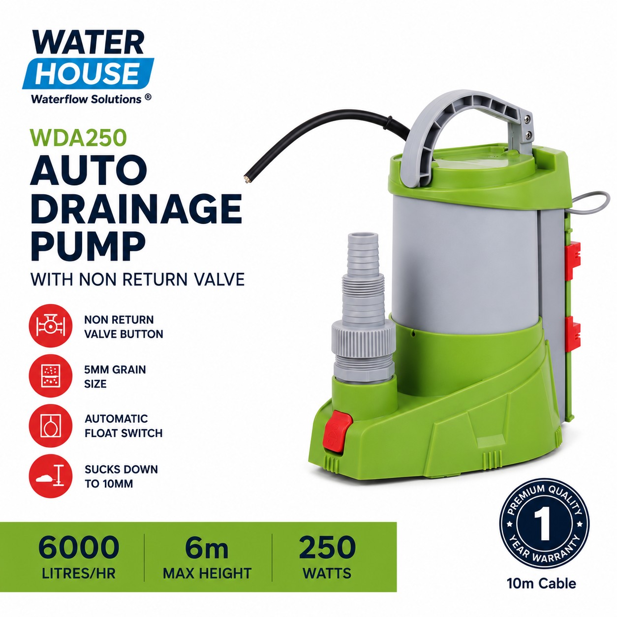 Waterhouse WDA250 Automatic Clean Water Drainage Pump is a 250W submersible pump designed for fast removal of clean water from pool covers, garages, basements, tanks, sumps and flooded areas. It delivers up to 6,000 L/h with a maximum head of 6m and can dr