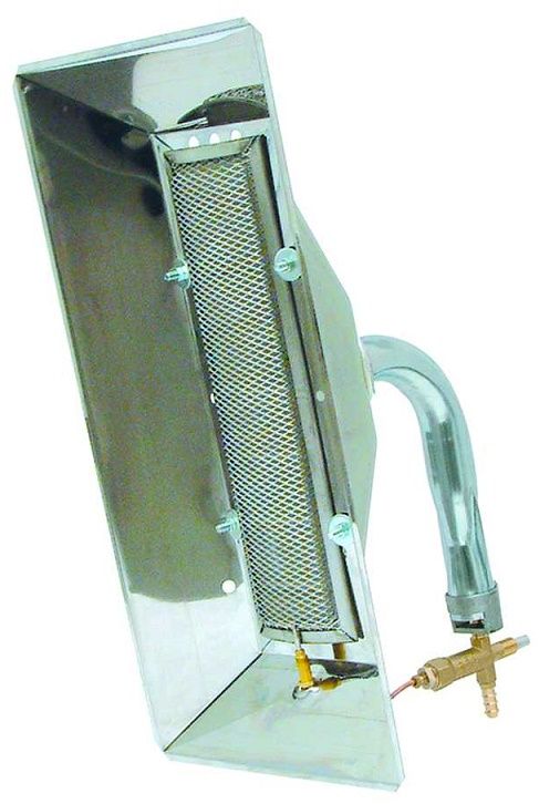 Rectangular brooder that achieves a temperature of 33�C when suspended at a height of 1.2m from the ground and should be used with a low pressure regulator. All parts in stainless steel, no filters required, comes standard with safety valve.