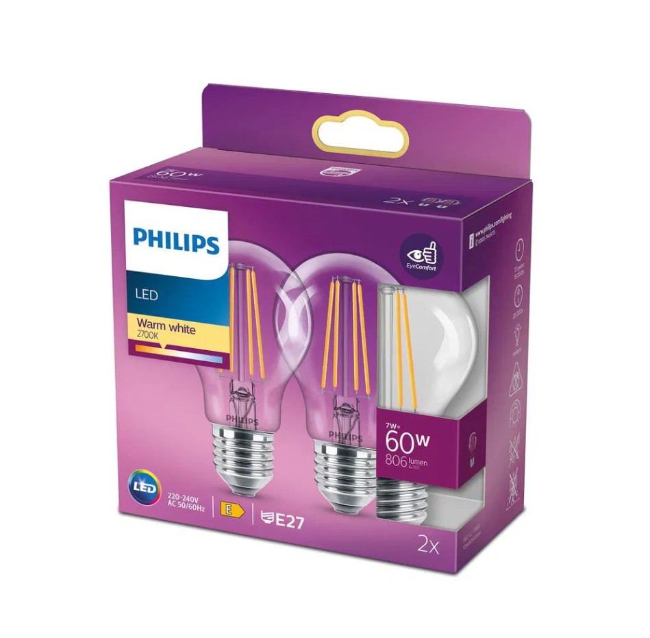 The Philips LED CLA A60 Filament ND is a 60W equivalent LED bulb with an E27 base, producing 806 lumens of warm white light at 2700K. Designed in a classic A60 shape with filament-style LED elements, it offers an energy-efficient replacement for traditional incandescent bulbs while delivering a familiar, warm glow. The product is identified by the code 929001180502.